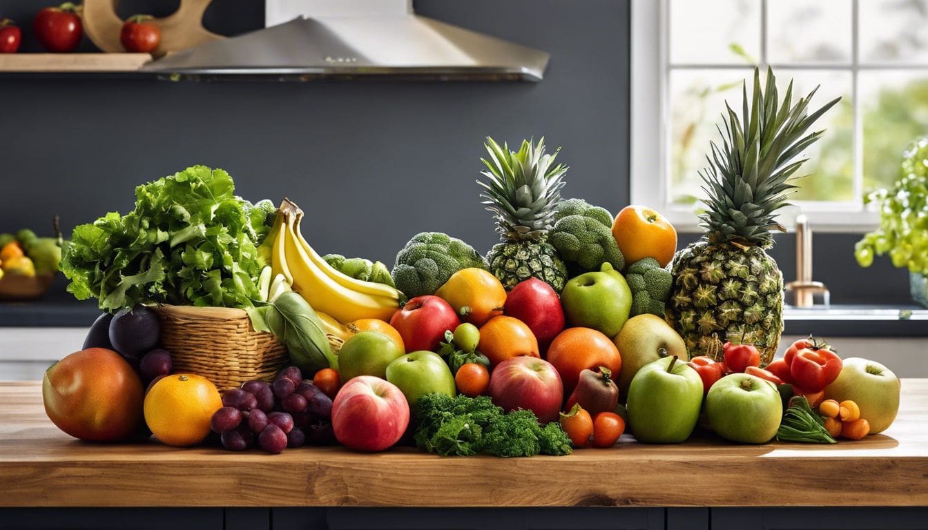 Een selectie van kleurrijke, verse groenten en fruit op een keukenblad.