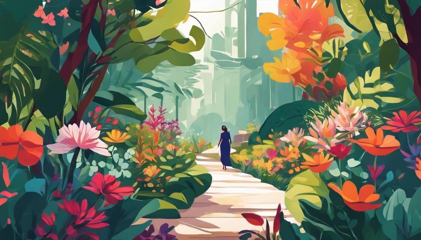 Een persoon omringd door levendige bloemen en planten in een serene tuin.