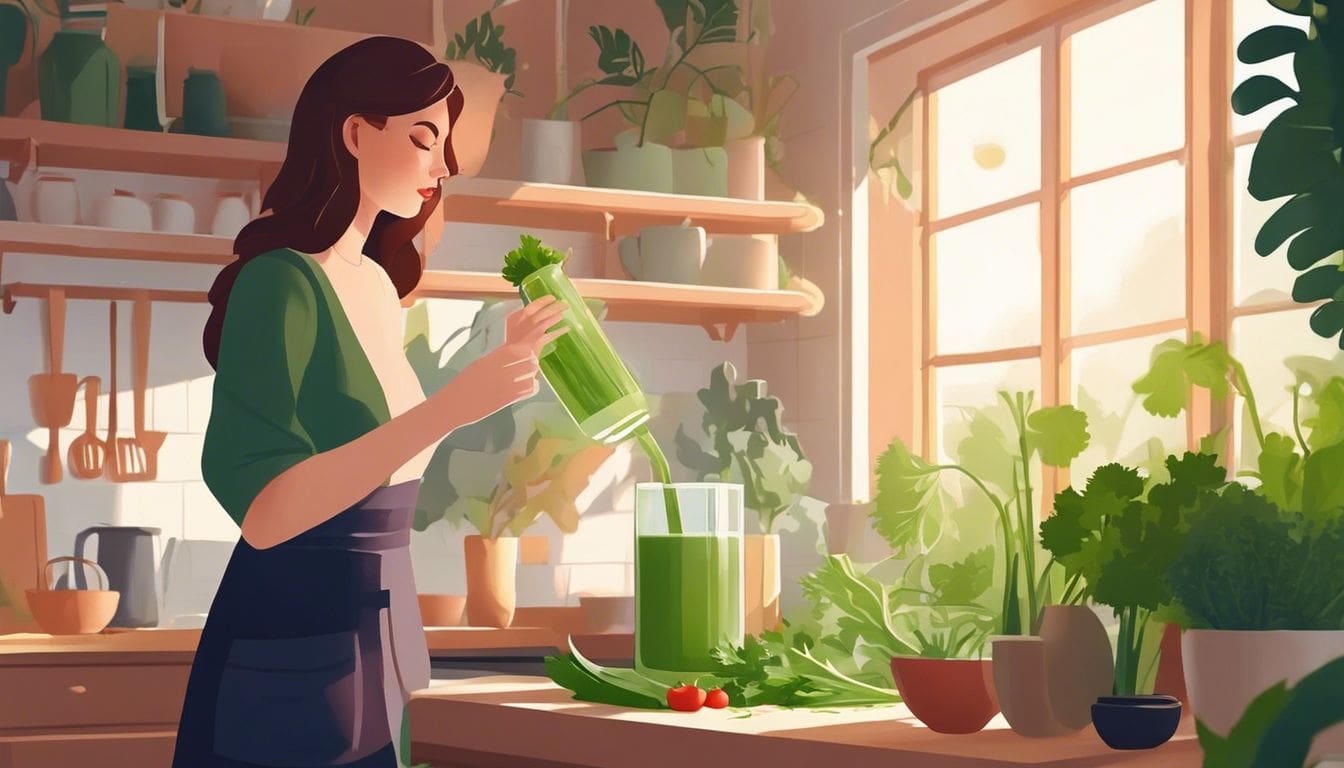 Een vrouw drinkt selderij sap in een zonovergoten keuken, omringd door planten.