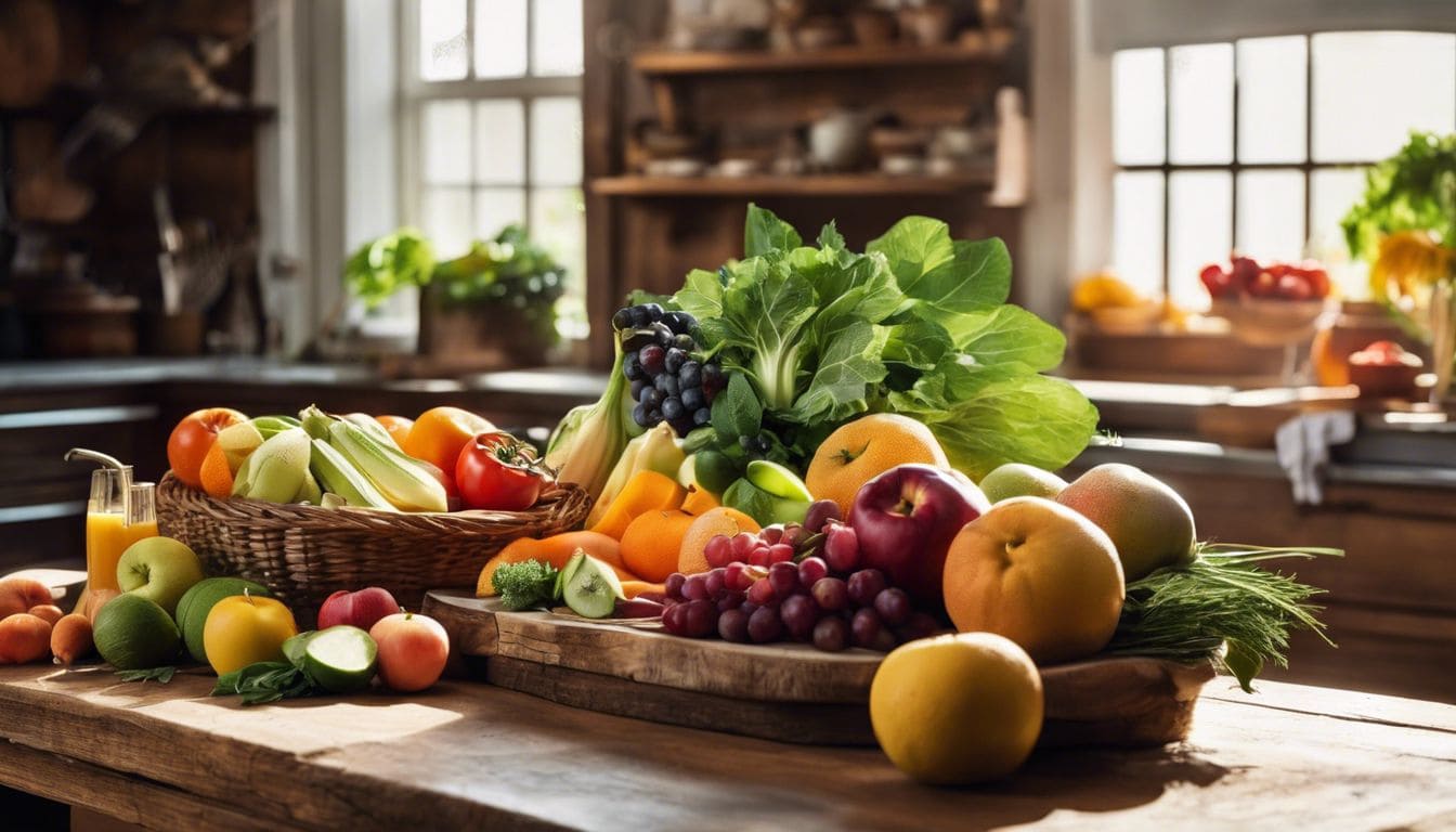 Een selectie van verse fruit en groenten op een rustieke houten tafel.