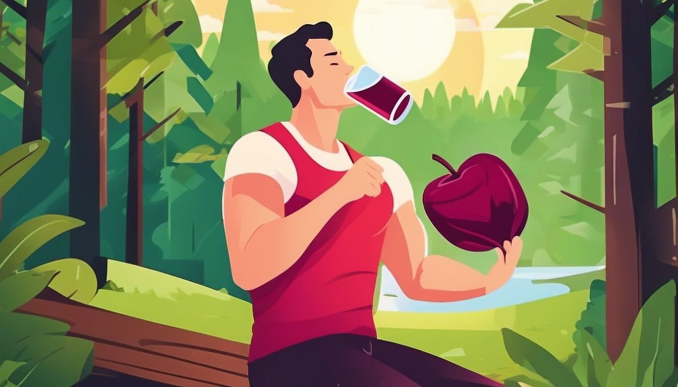 Een sporter drinkt rode bieten sap na een race in het bos.