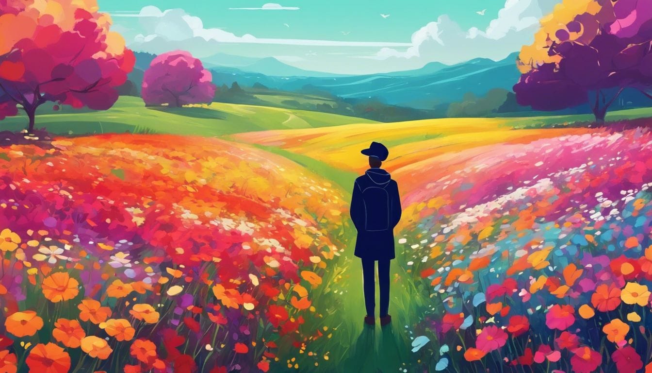 Een persoon staat in een veld vol kleurrijke bloemen, omgeven door levendige energie.