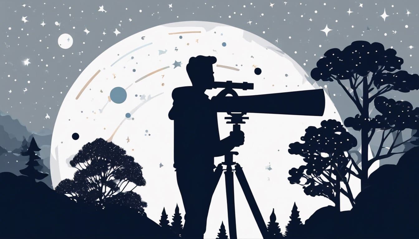 Iemand kijkt door een telescoop naar de sterrenhemel bij een observatorium.