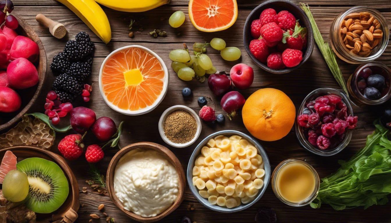 Een close-up van een assortiment probiotica-rijke voedingsmiddelen op een houten tafel.