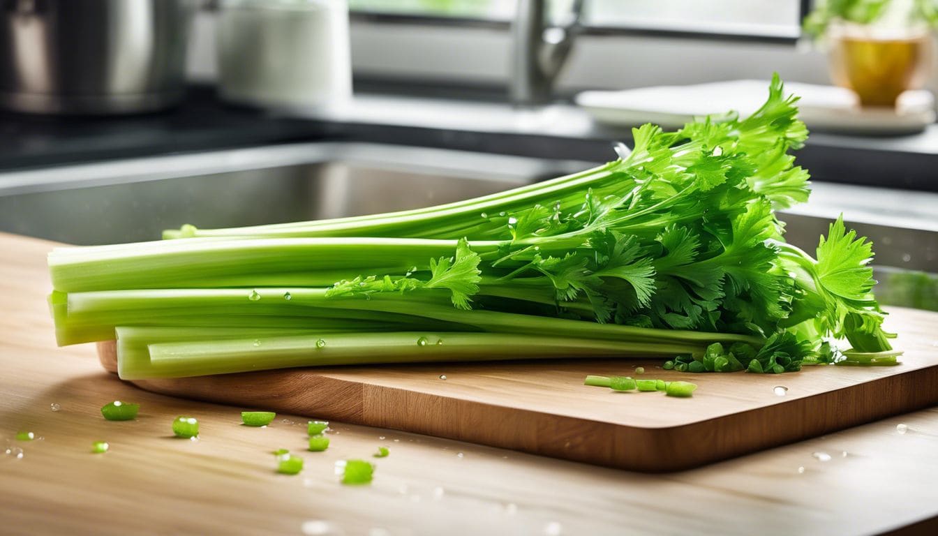 Vers gewassen selderij op schone keukenaanrecht, met waterdruppels en verse uitstraling.