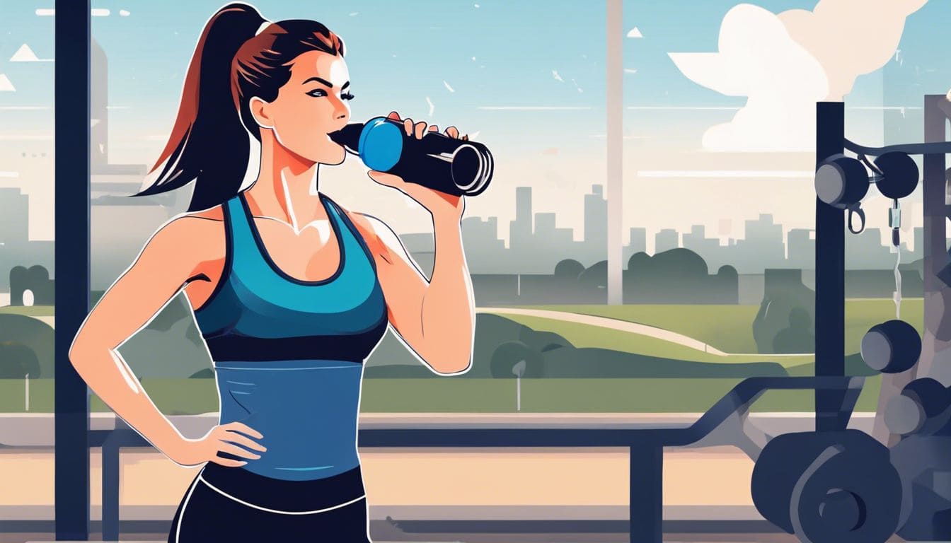 Een vrouwelijke atleet drinkt een elektrolytdrankje na een intense training.