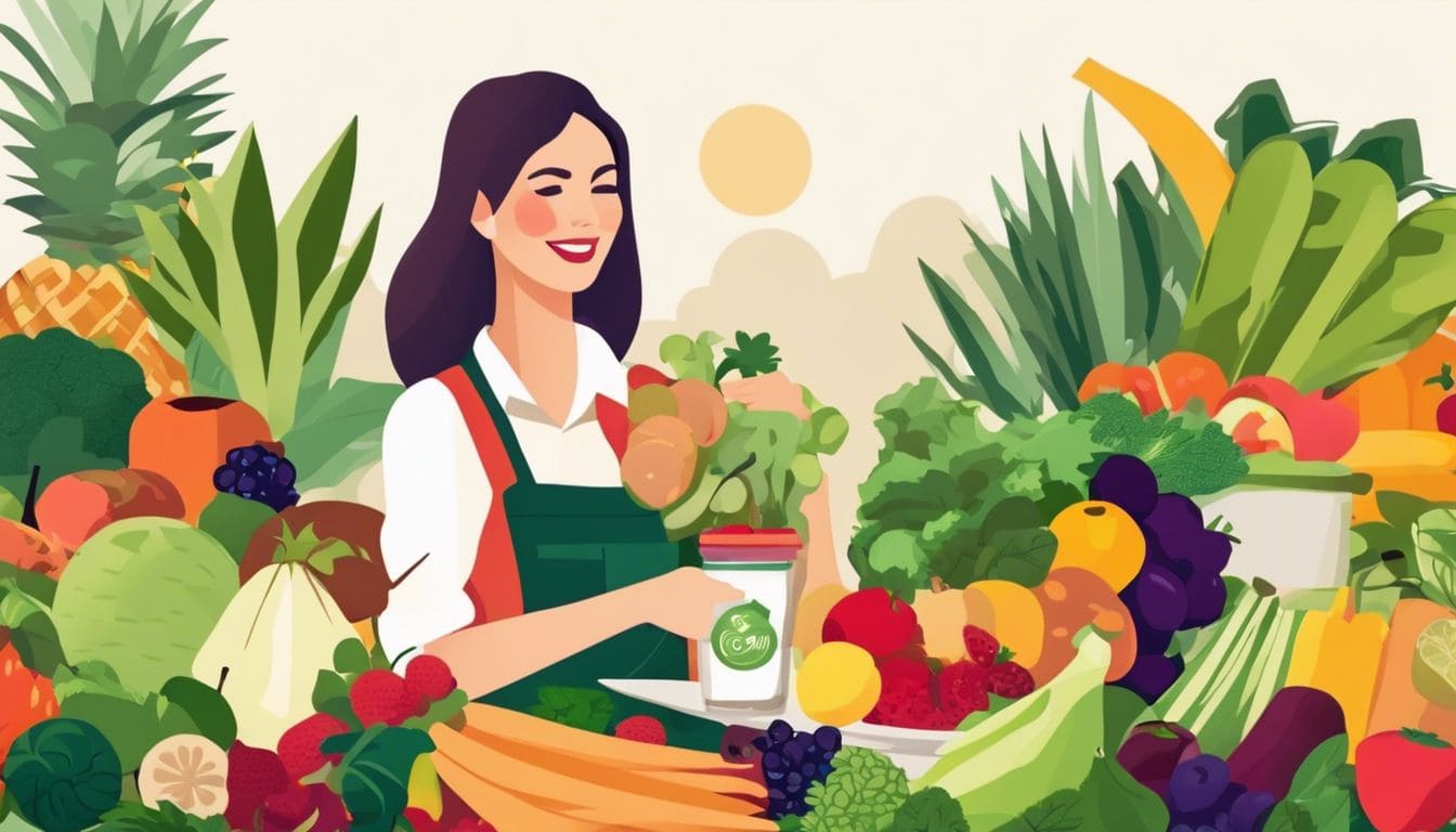 Een vrouw houdt een gezonde smoothie omringd door groenten en fruit in een levendige tuin.