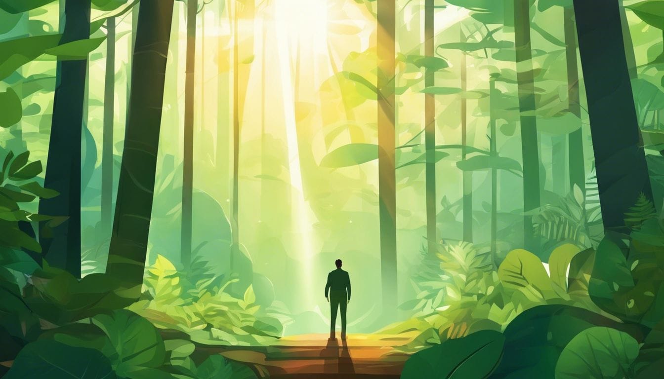 Een zelfverzekerde manifestator staat in een weelderig bos.