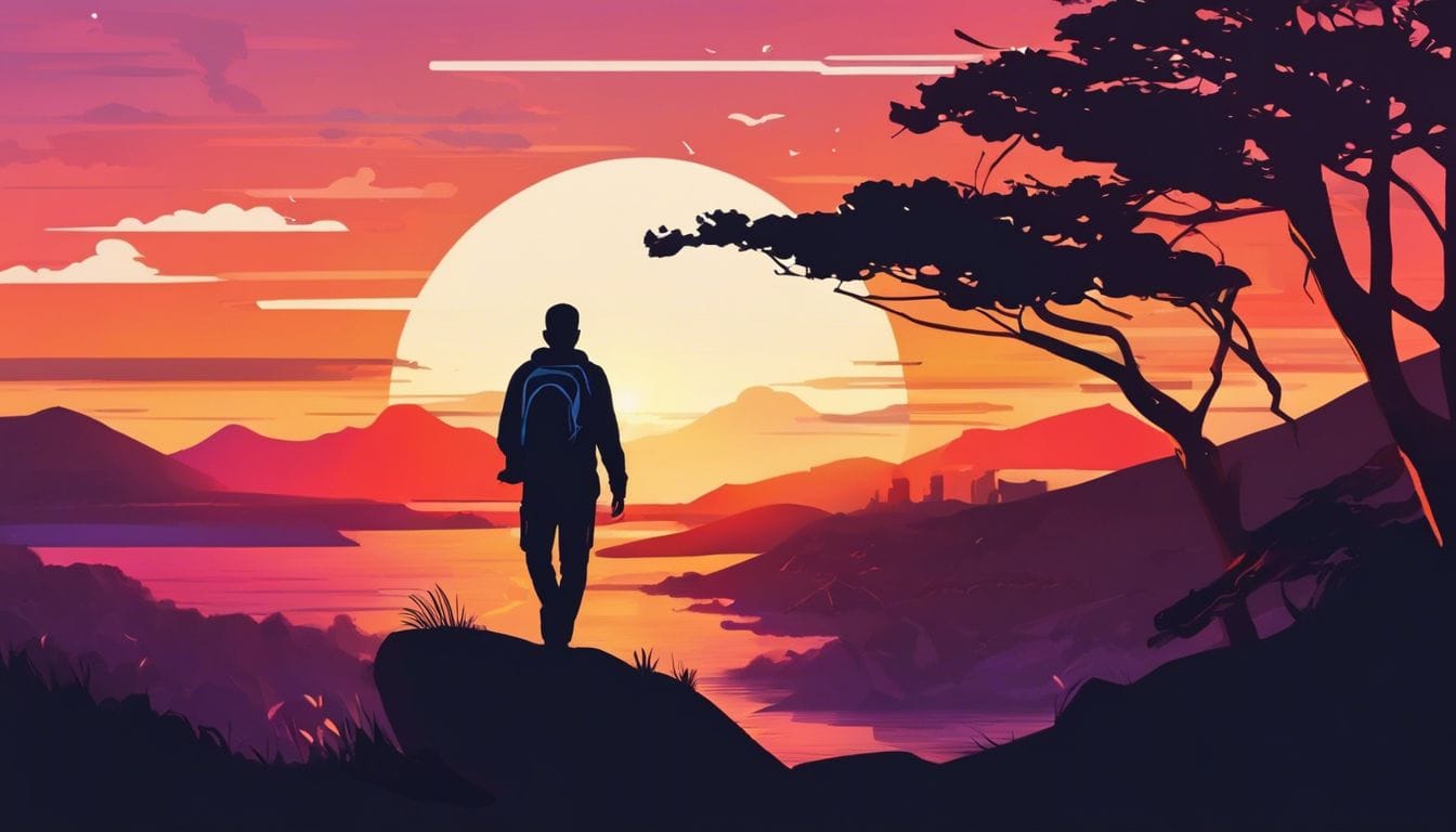 Een persoon omringd door veranderende natuurlijke elementen tegen een zonsondergang.