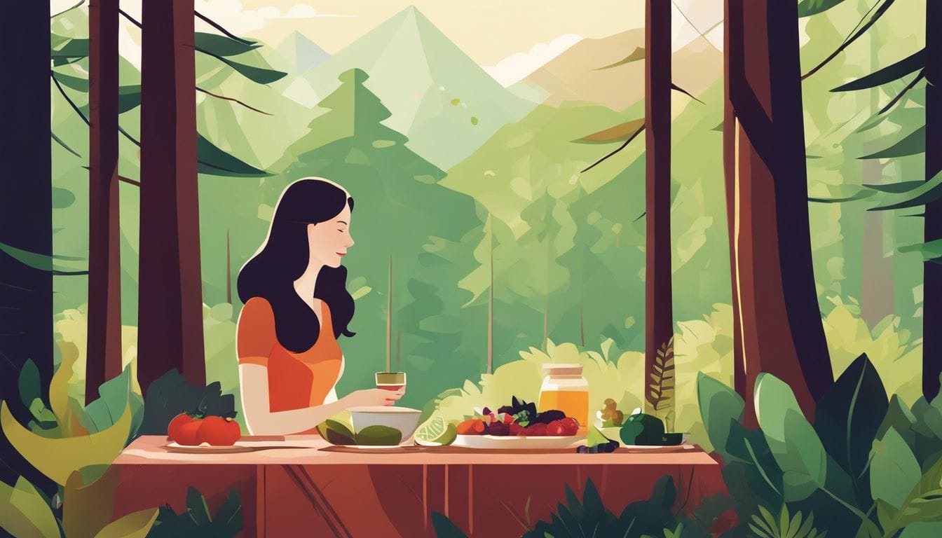 Een vrouw geniet van een gezonde maaltijd met gefermenteerd voedsel in een rustige bosrijke omgeving.