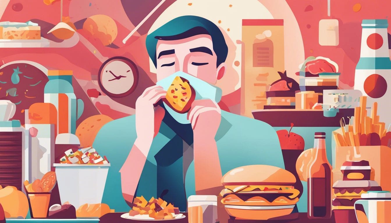 Een persoon die zich onwel voelt temidden van ongezond eten en stress.