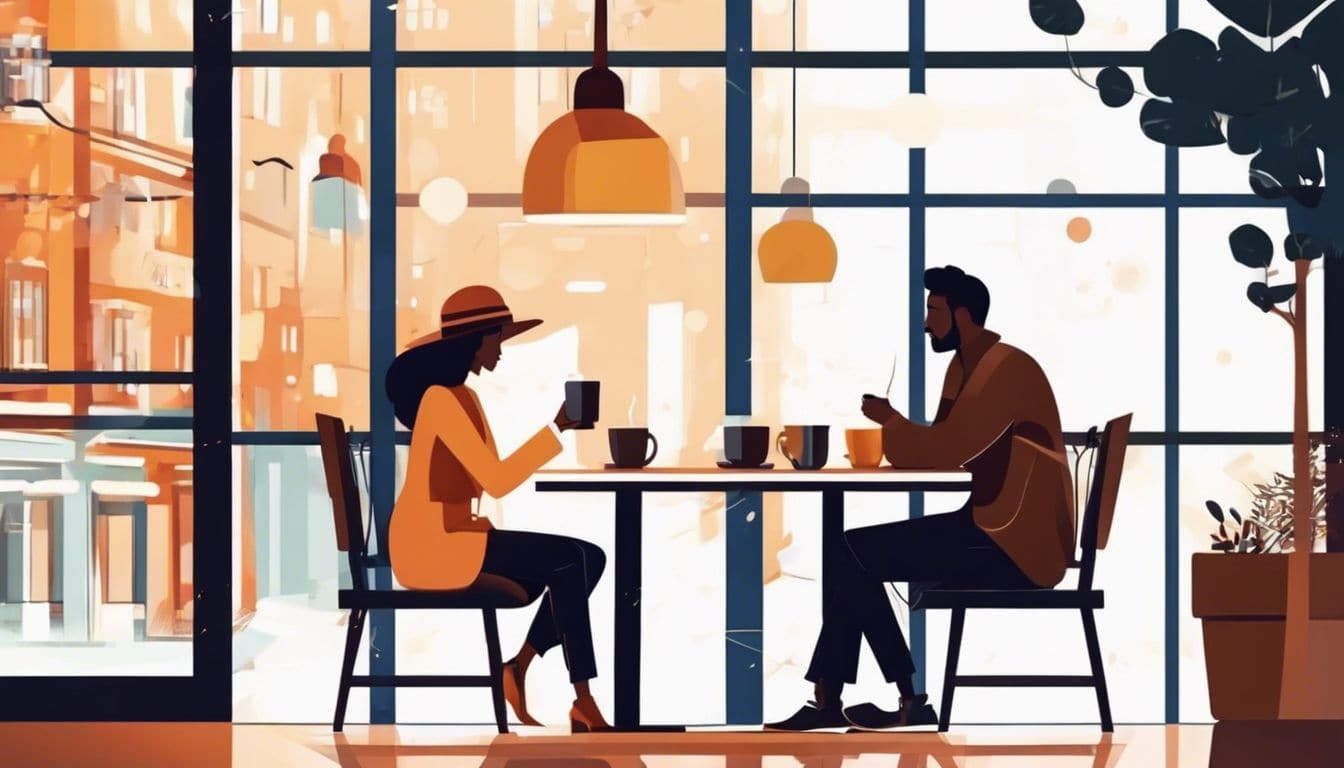 Twee mensen hebben een diepgaand gesprek in een gezellige koffiebar.