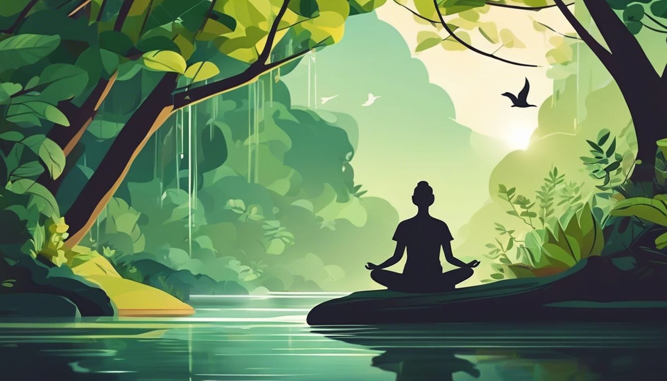 Een persoon mediteert in een rustige natuurlijke omgeving omgeven door groen.
