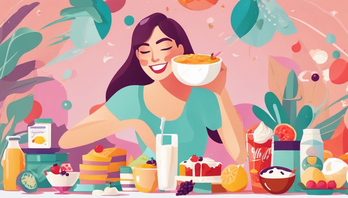 Een vrouw geniet van probiotische yoghurt omringd door diverse zuivelproducten.