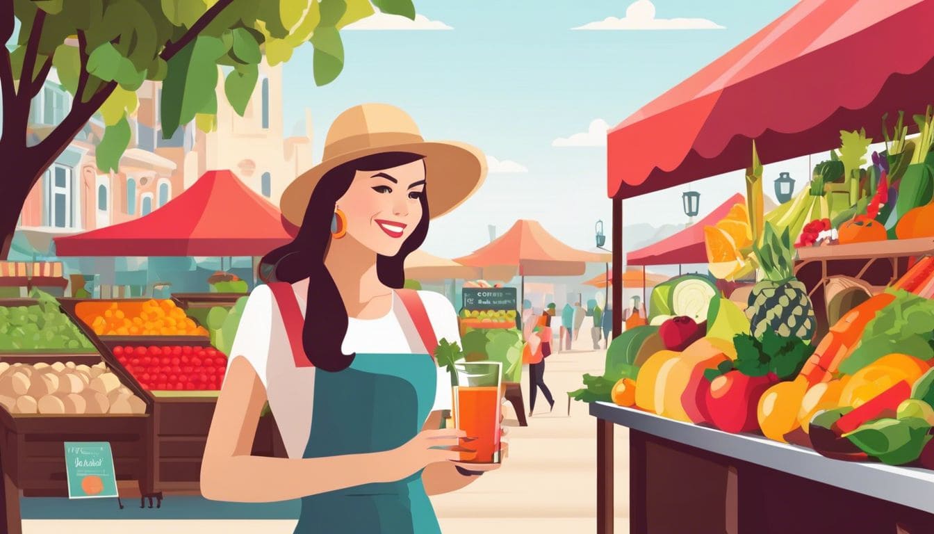 Een vrouw geniet van vers sap omringd door kleurrijke groenten en fruit op de markt.
