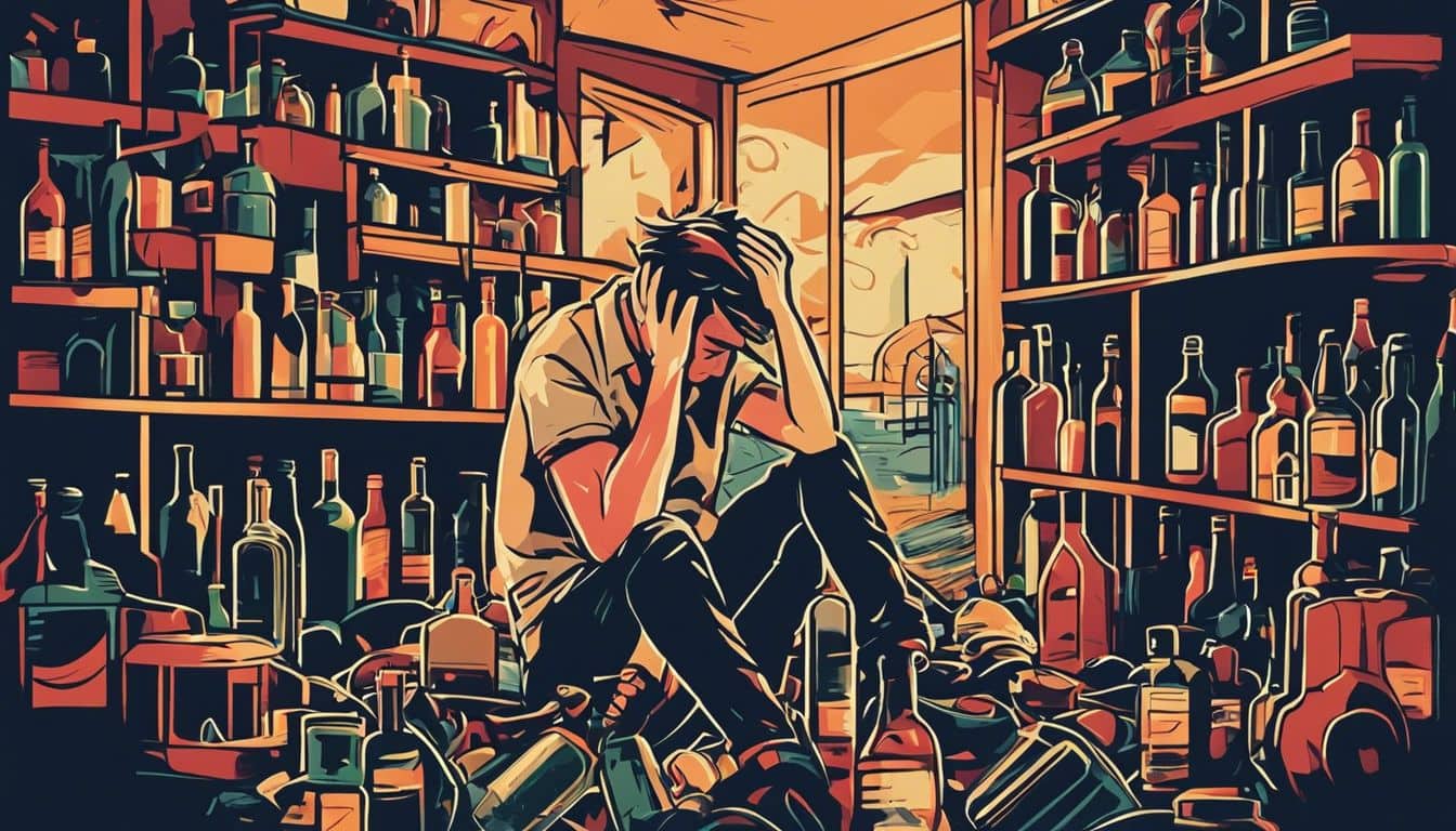 Persoon lijdt in een rommelige kamer omringd door alcoholflessen, uitdrukking van wanhoop.