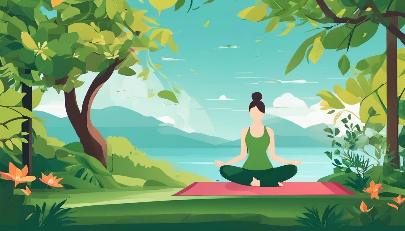 Een persoon beoefent yoga in een rustige natuurlijke omgeving, omringd door weelderig groen en bloeiende bloemen.