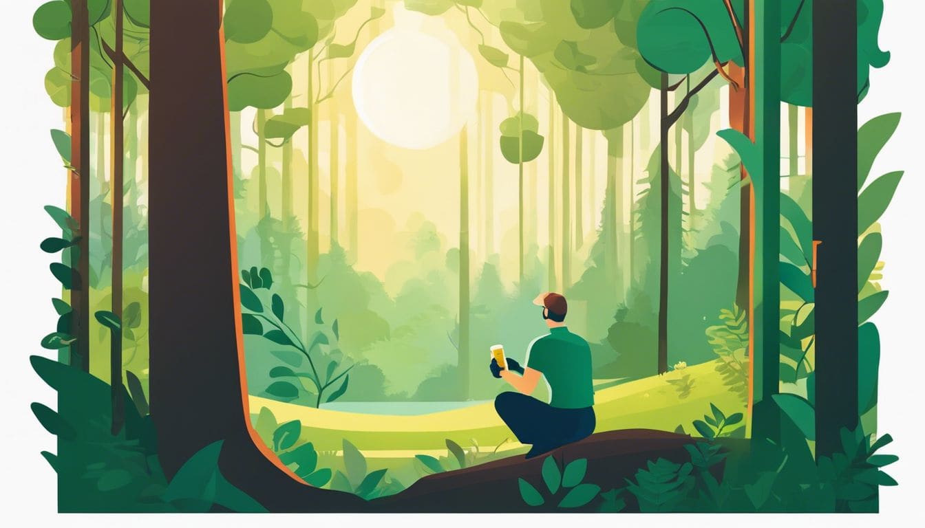 Een persoon inspecteert een probiotisch supplement in een rustige bosomgeving.