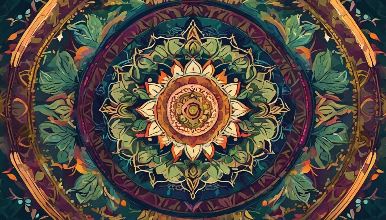 Een complexe mandala in een serene bosomgeving met levendige kleuren.