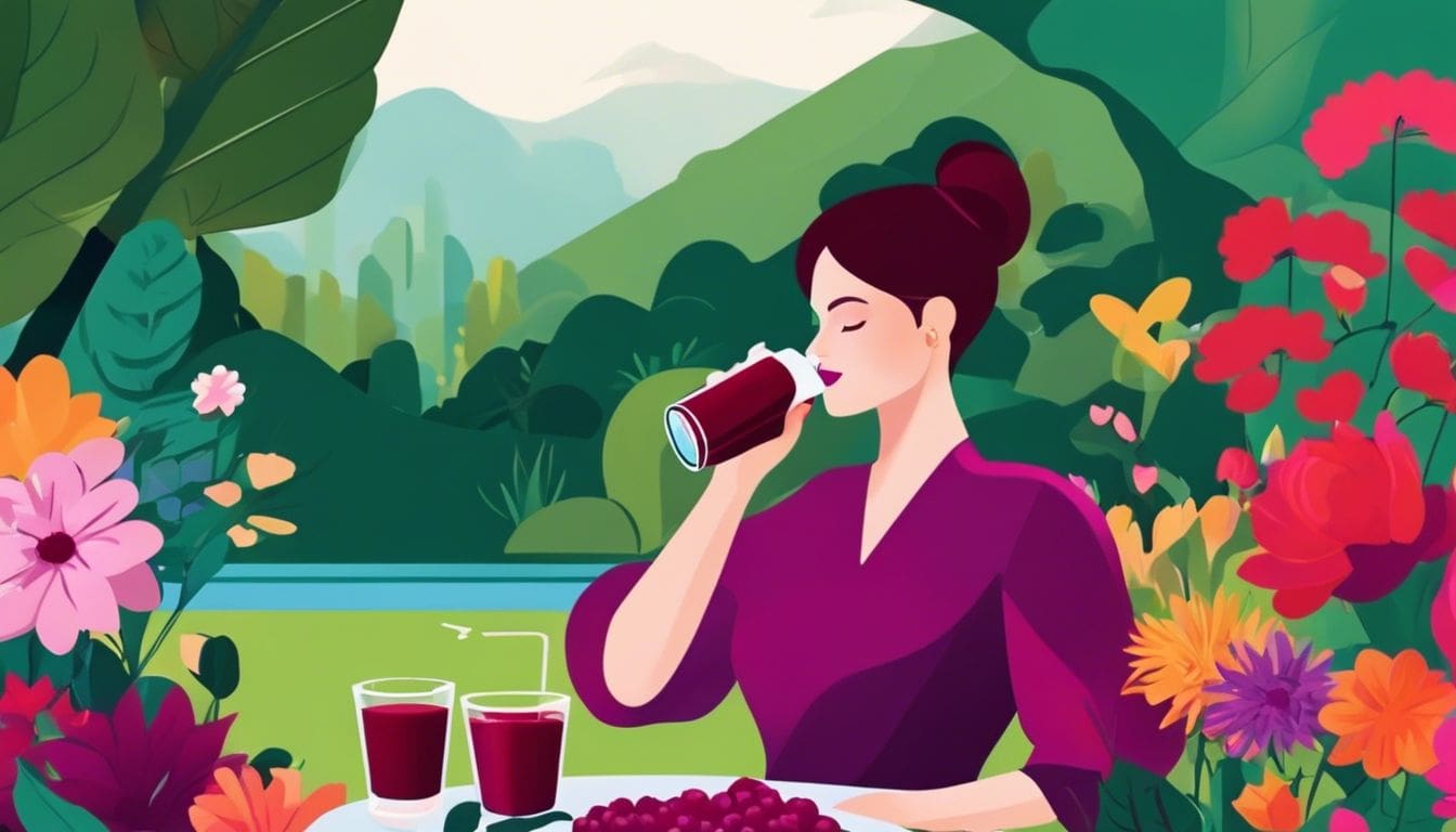 Een persoon drinkt bieten sap in een levendige tuin vol bloemen.