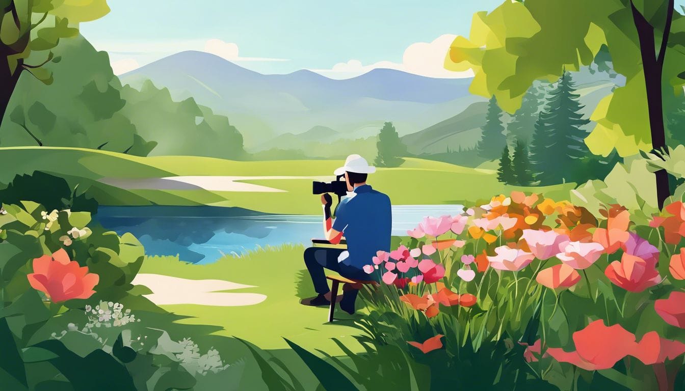 Een bedachtzame cameraman in een vredige tuin, gespecialiseerd in natuurfotografie.