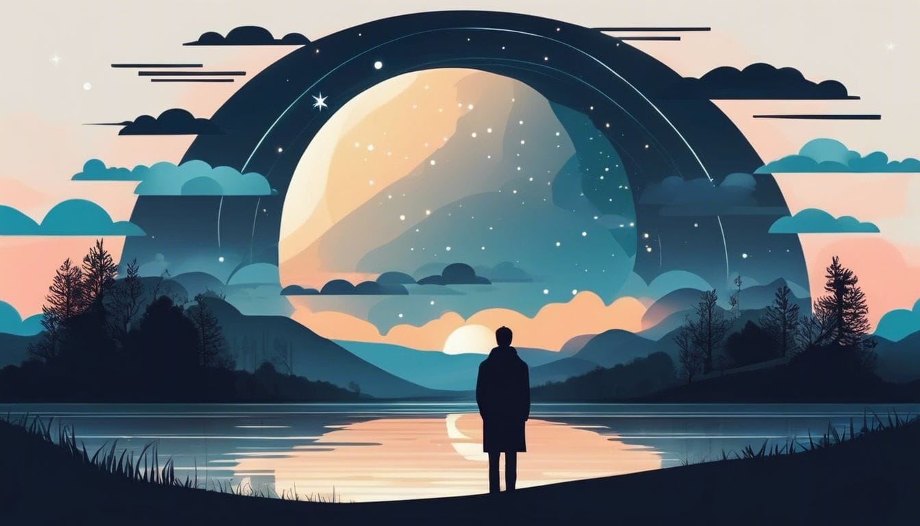 Een persoon omringd door energiecentra in maanlicht, omgeven door natuurlijke schoonheid.