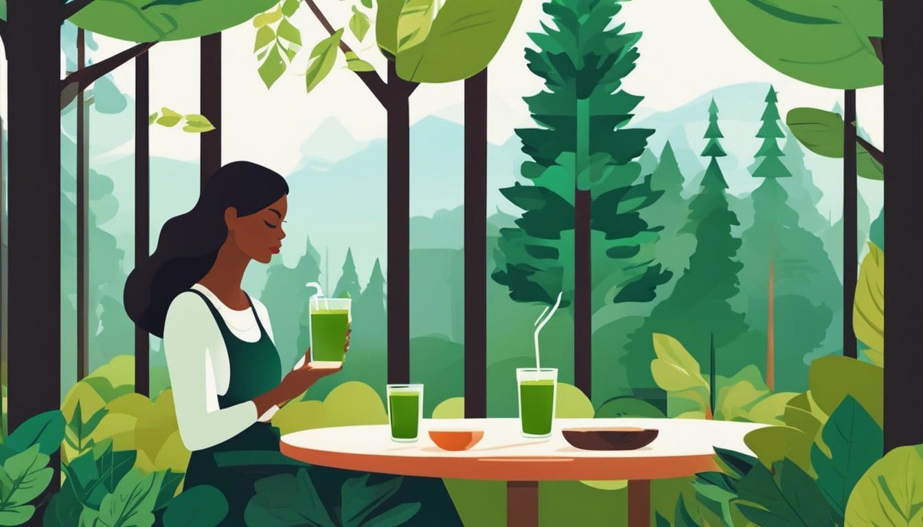 Een vrouw geniet van een verfrissend groen sap in een serene bosomgeving.