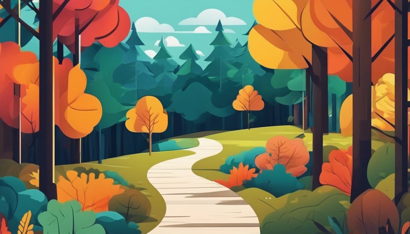 Een bochtig pad door een bos met veranderende landschappen.