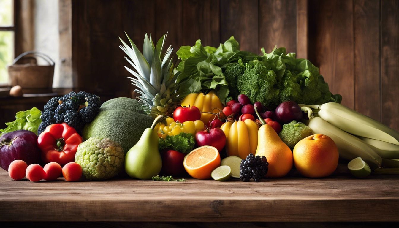 Een stapel vezelrijke groenten en fruit op een rustieke houten keukentafel.