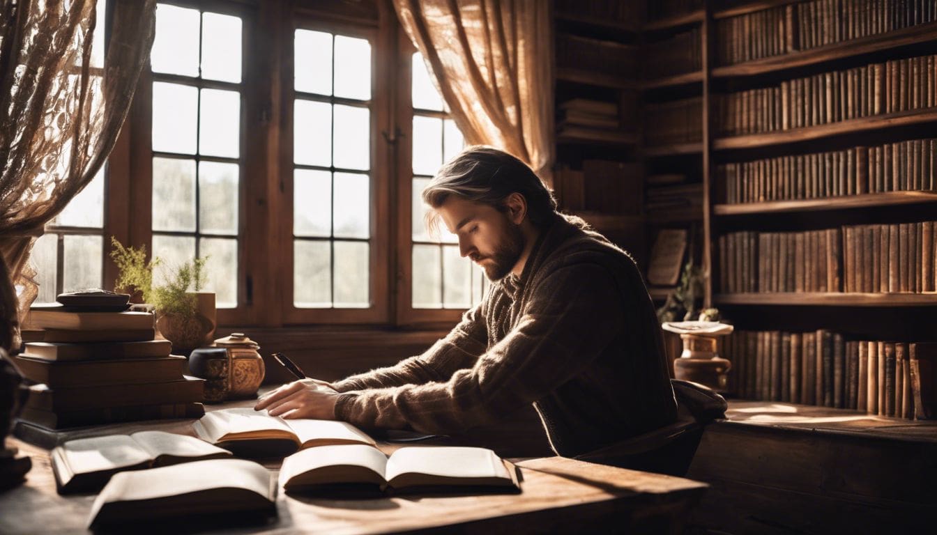 Een persoon zittend in een reflectieve houding omringd door boeken en natuurlijke foto