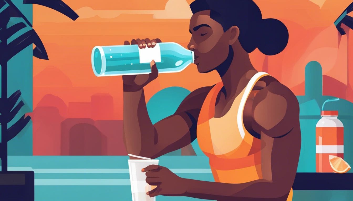 Iemand drinkt elektrolythoudend water tijdens een training.