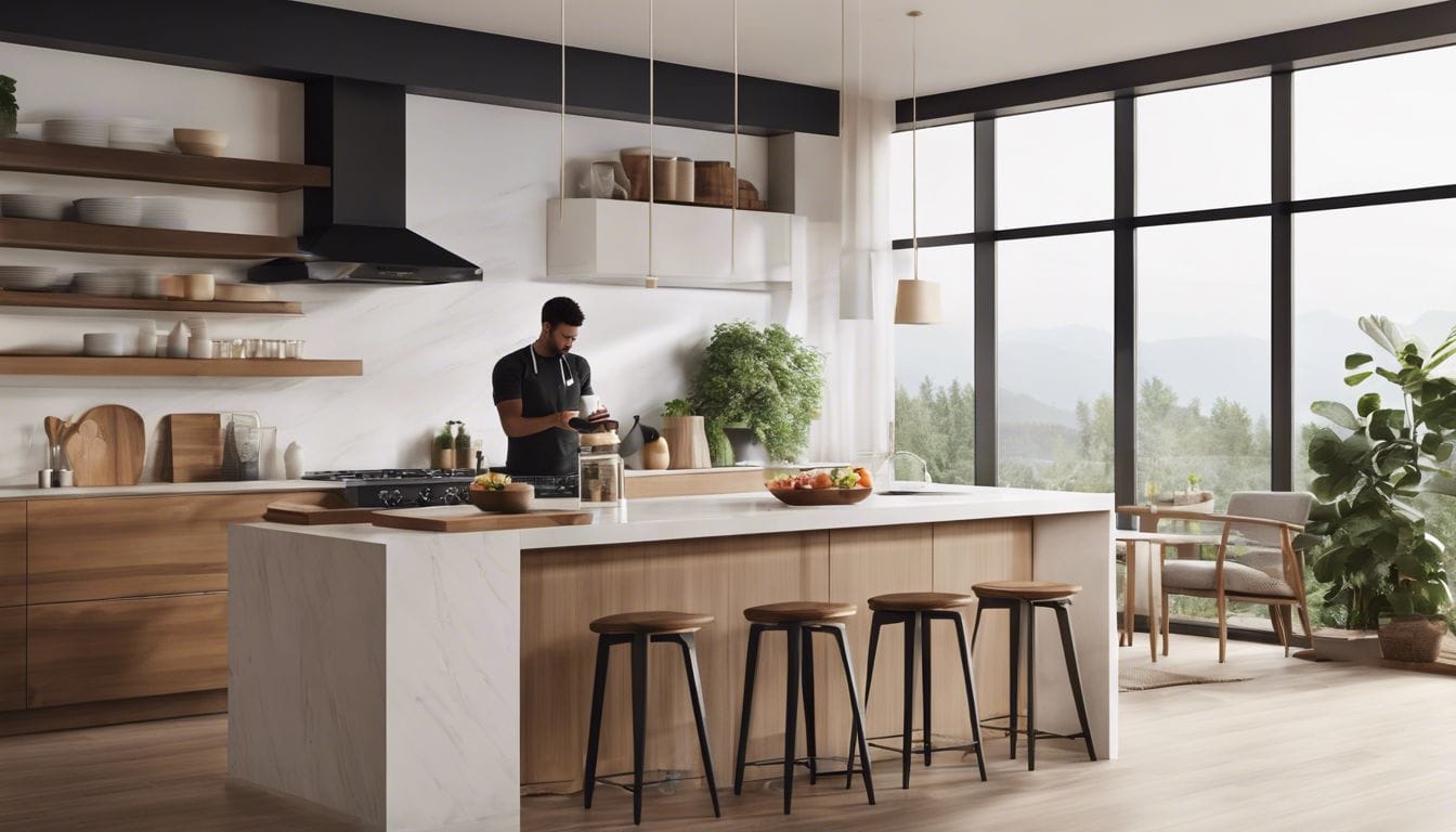 Een persoon geniet van een maaltijdvervangende shake in een moderne keuken.