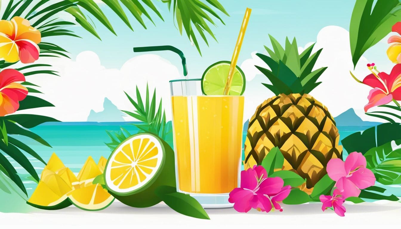 Een verfrissend glas zelfgemaakte ananas- en limonadesportdrank omringd door tropisch fruit en kleurrijke bloemen.