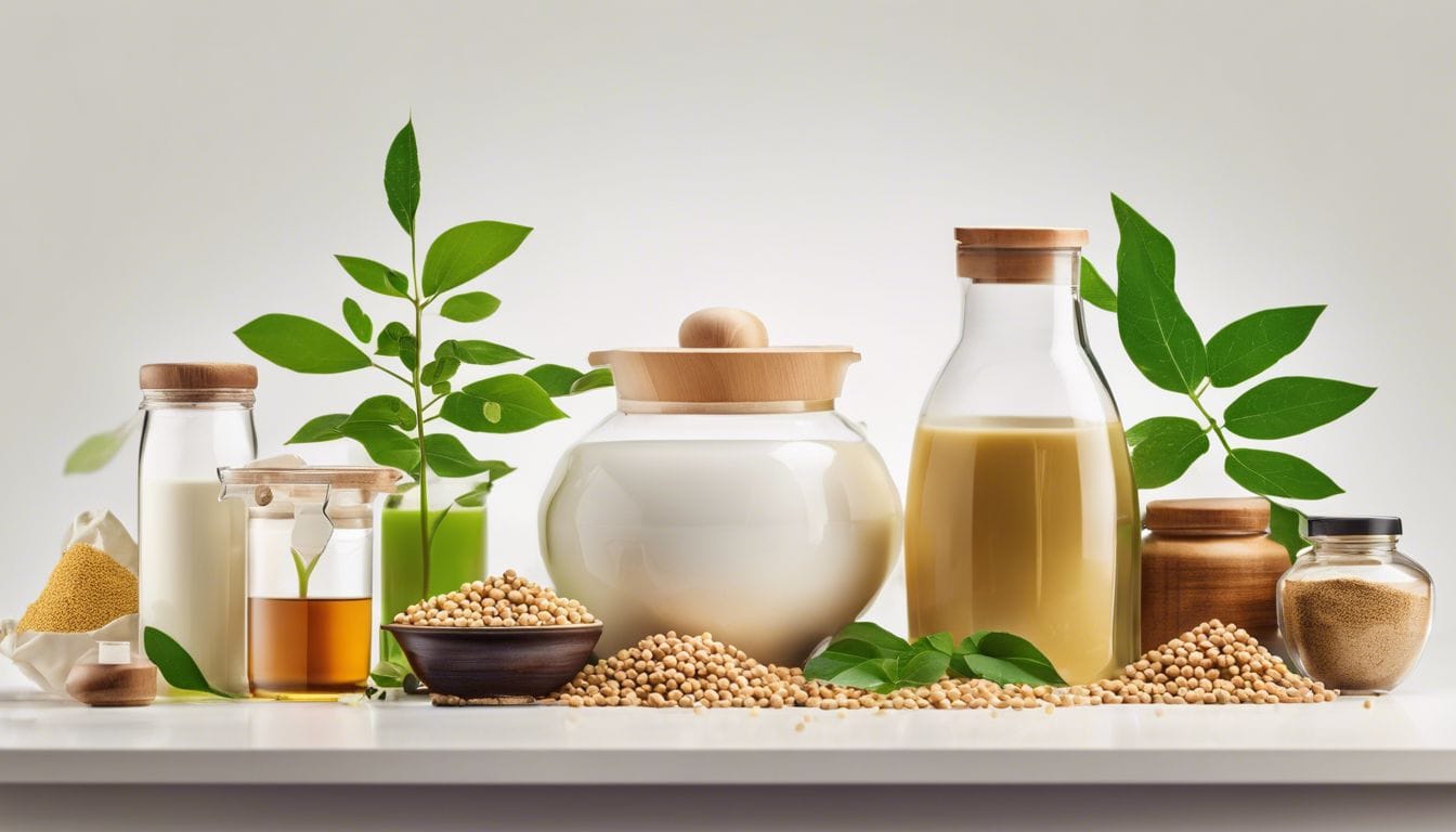 Verschillende sojaproducten naast allergietestapparatuur en natuurfoto's.