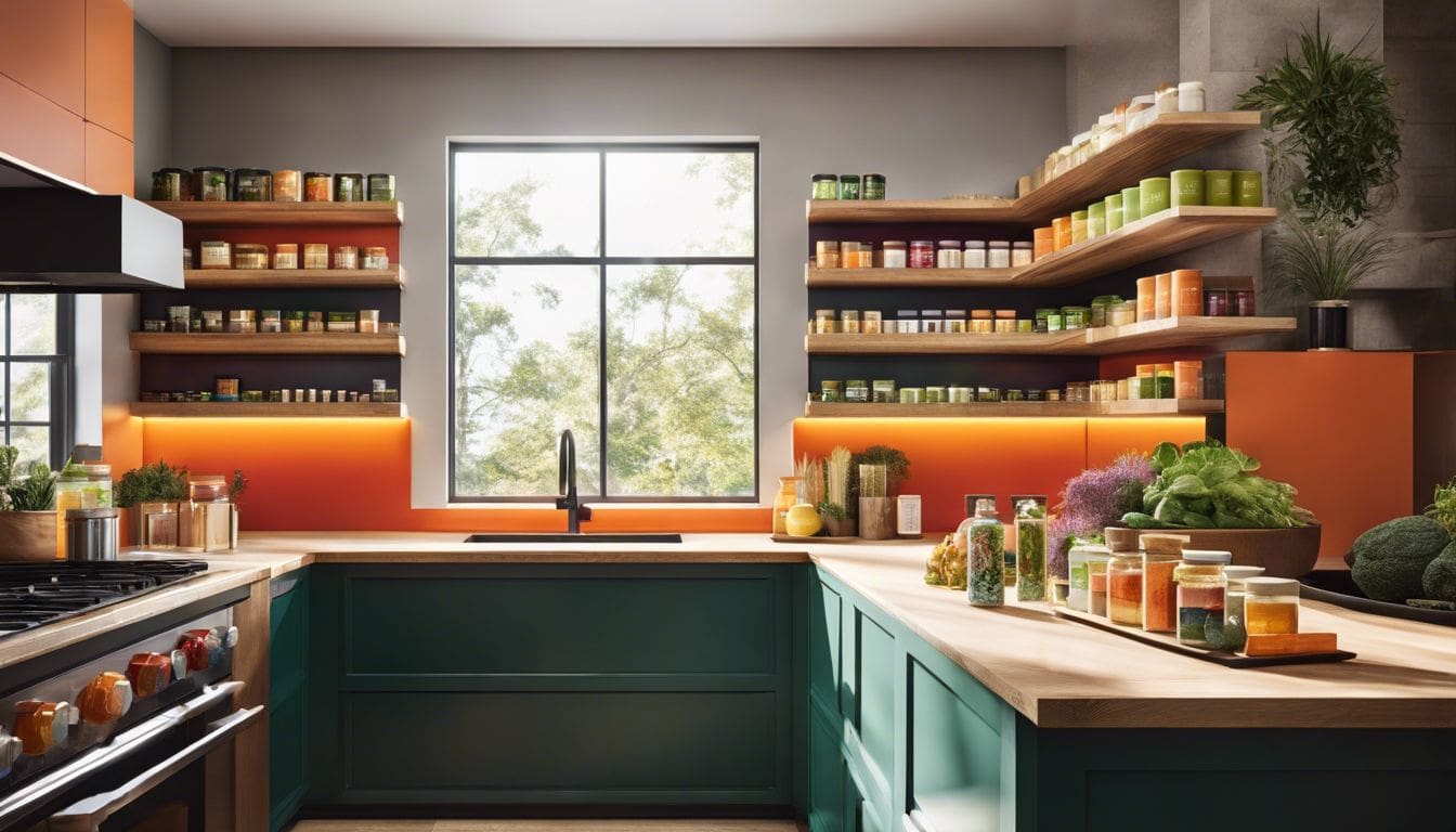Een levendige weergave van verschillende prebiotische supplementen in een eigentijdse keuken.