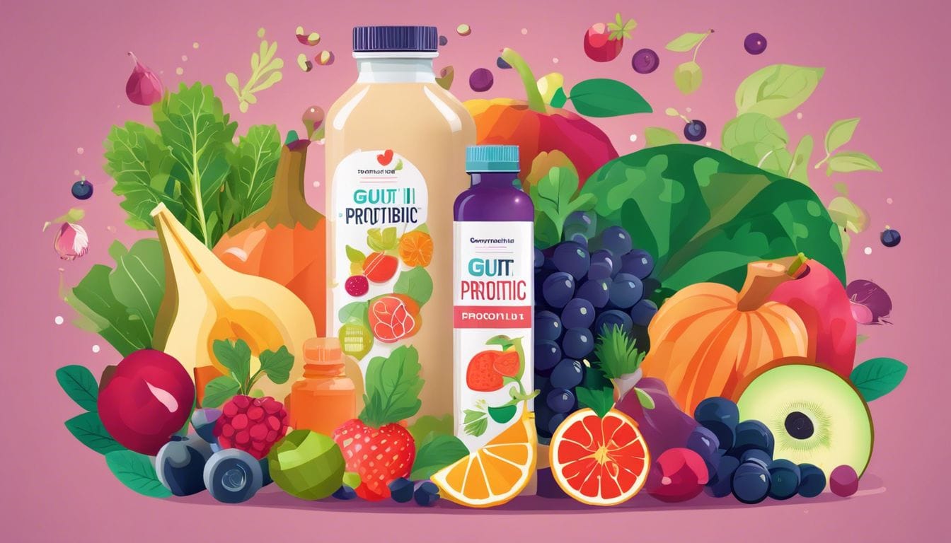 Een fles probiotisch supplement omringd door darmvriendelijke voedingsmiddelen en kleurrijke groenten en fruit.