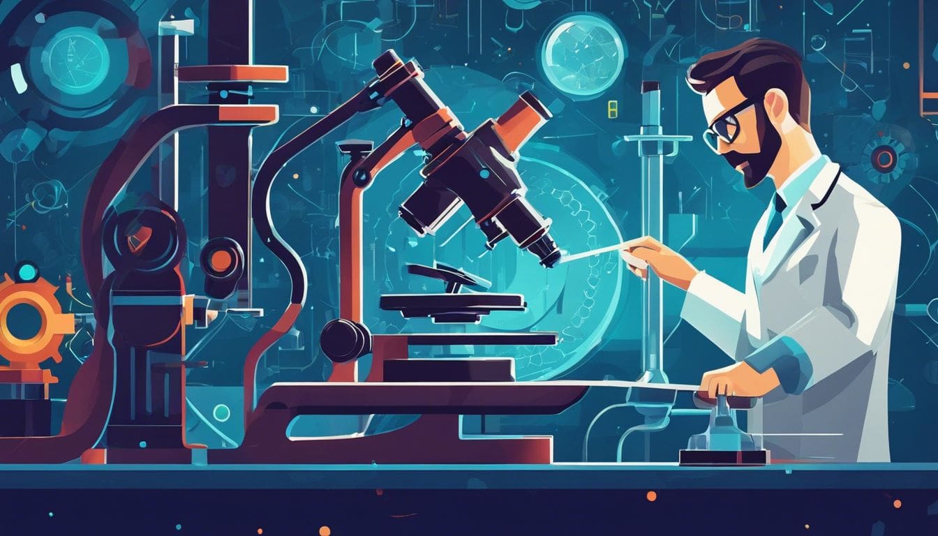 Een wetenschapper bestudeert microscopische patronen in een high-tech laboratorium.