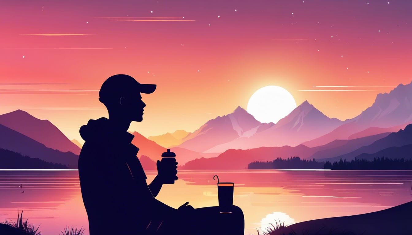 Iemand drinkt een elektrolytendrankje in een rustige buitenomgeving met een serene zonsondergang.