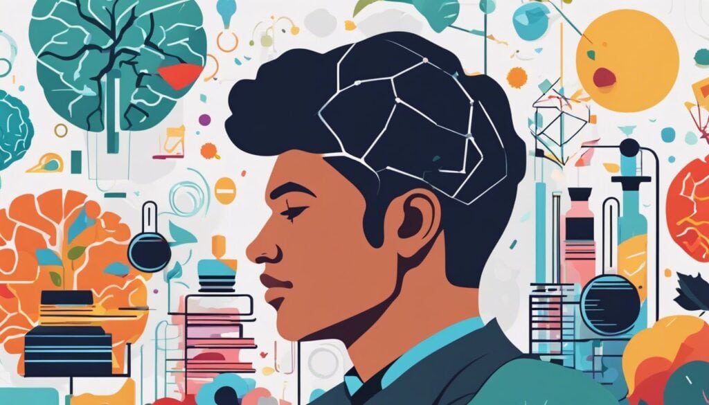 Een persoon diep in gedachten, omringd door kleurrijke hersenillustraties, in een moderne laboratoriumomgeving.