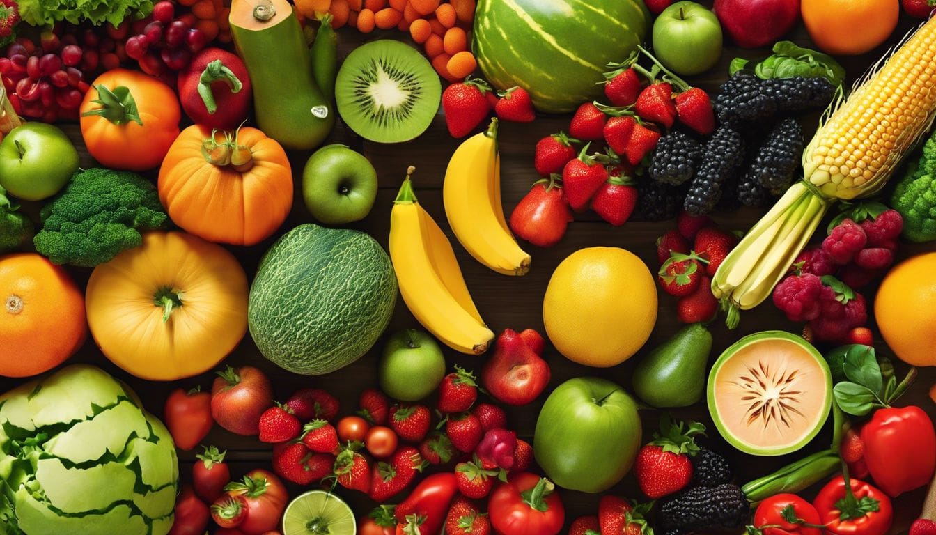 Een kleurrijke verzameling van fruit en groenten in een overvloedige presentatie.