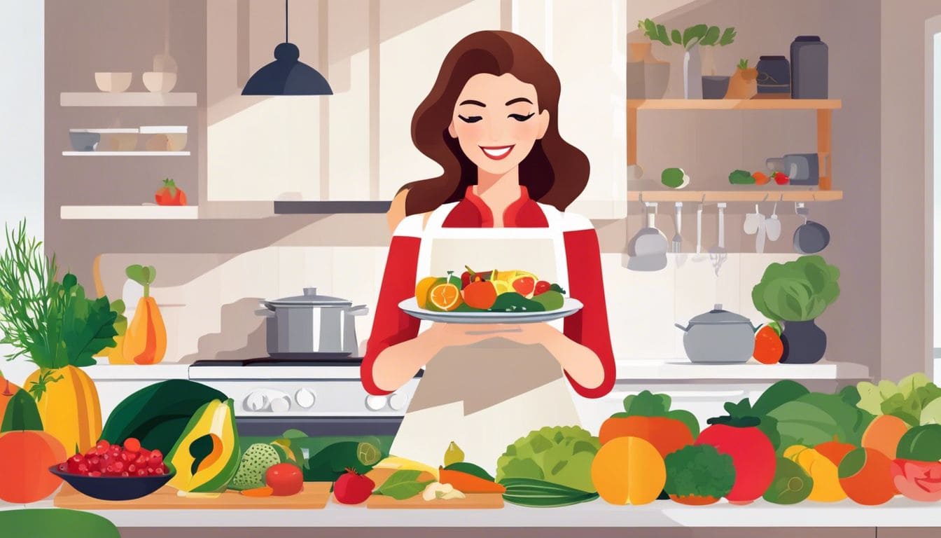 Een vrouw houdt vrolijk een bord met omega 3-rijke voedingsmiddelen vast in een levendige keuken.