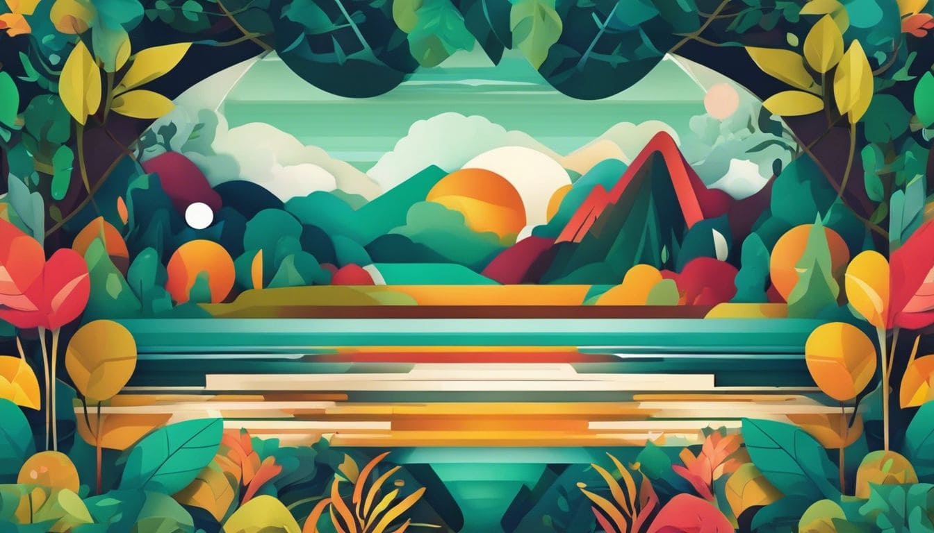 Een abstract geometrisch ontwerp omringd door weelderige vegetatie en stromend water.