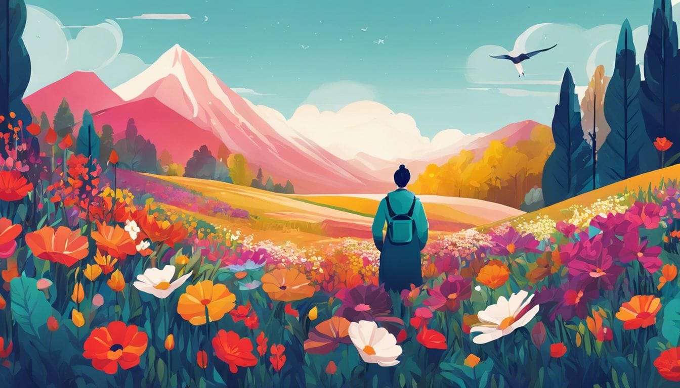 Een zelfverzekerde persoon staat in een bloeiend veld vol diversiteit.