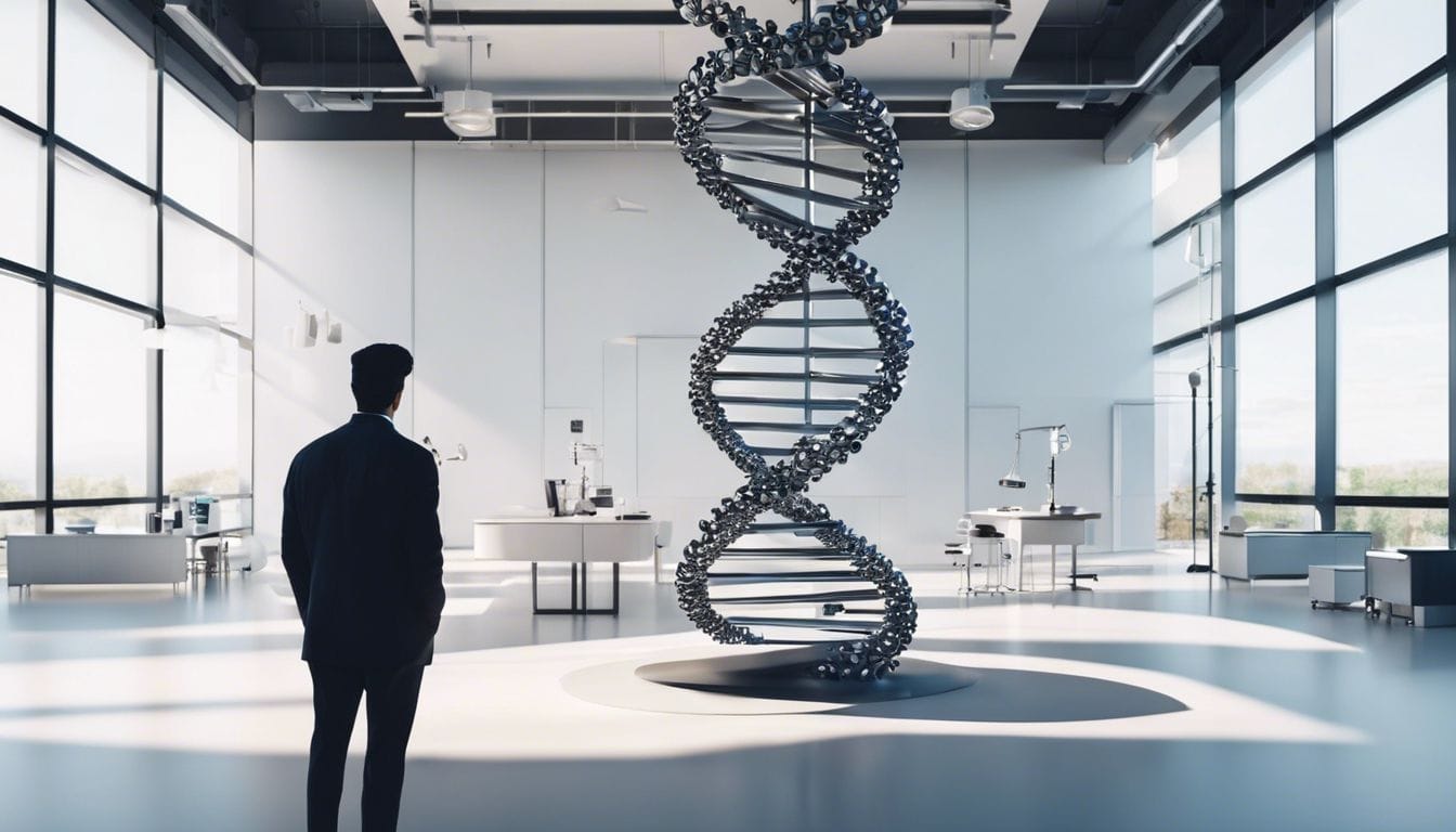 Een persoon staat voor een DNA dubbele helix in een modern laboratorium.