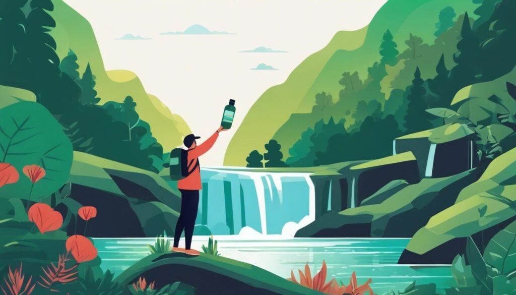 Een persoon houdt een fles krill olie vast in een natuurlijke omgeving.
