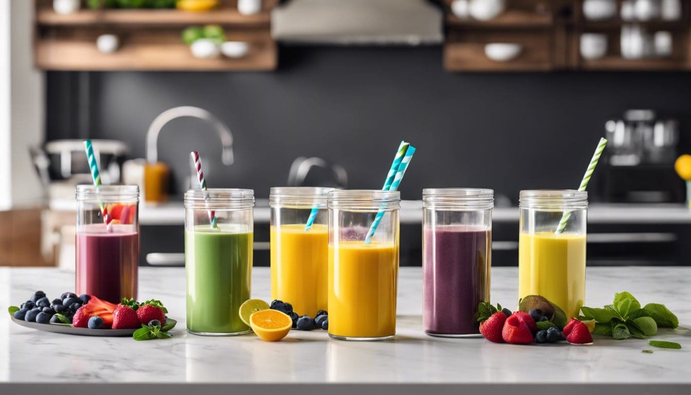 Verschillende maaltijdvervangers in een keuken met heldere en schone platte designstijl.