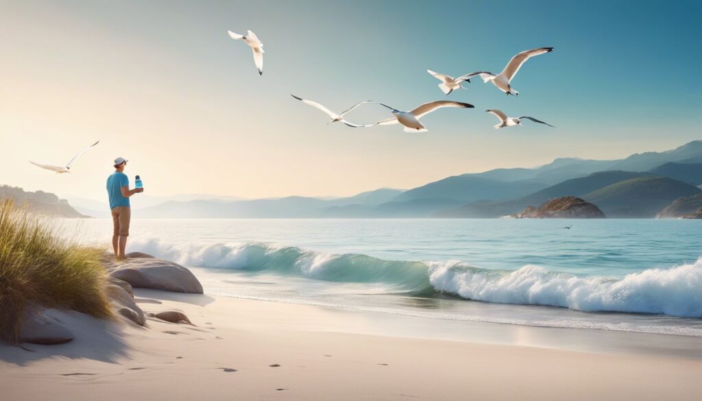 Een persoon staat op een rustig strand met een fles Omega 3 Fish Oil capsules.