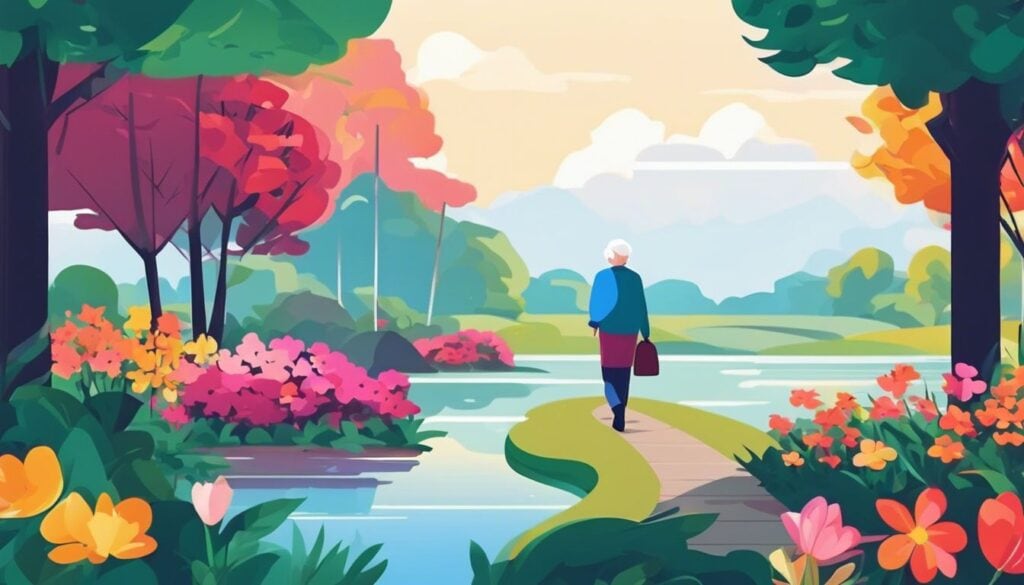 Een ouder persoon wandelt door een serene park met bloeiende bloemen en een vredig meer.