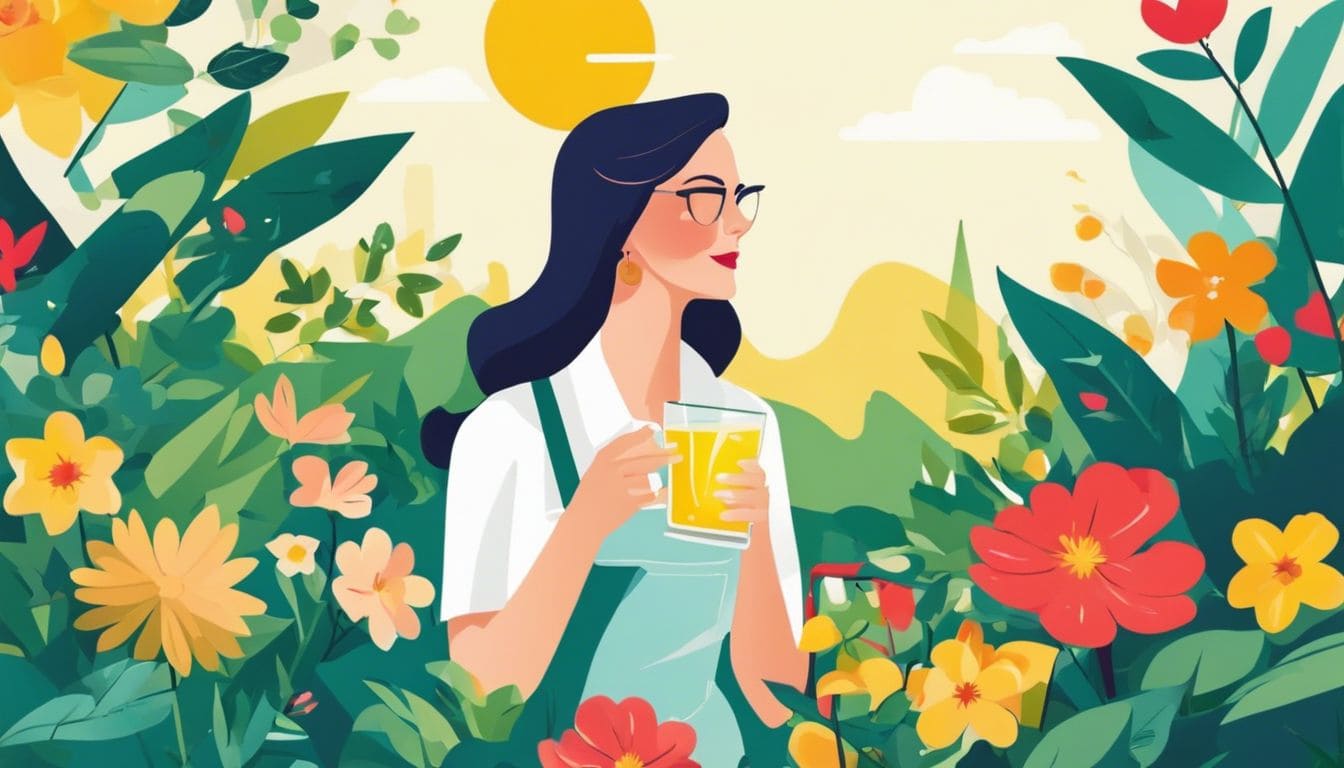 Een persoon geniet van een verfrissend glas citroenlimonade in een levendige tuin.