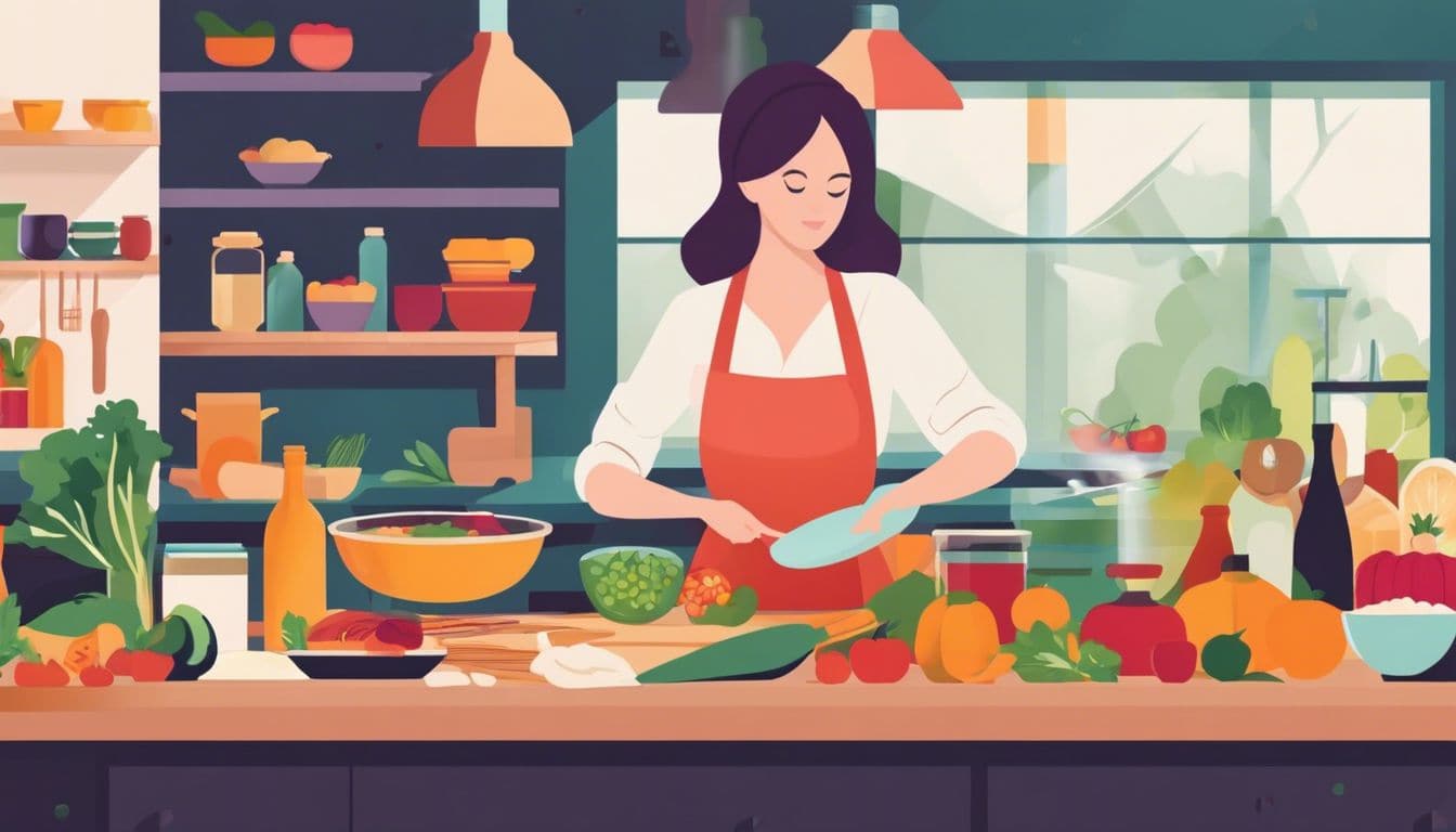 Een vrouw bereidt een voedzame maaltijd in een kleurrijke keuken.
